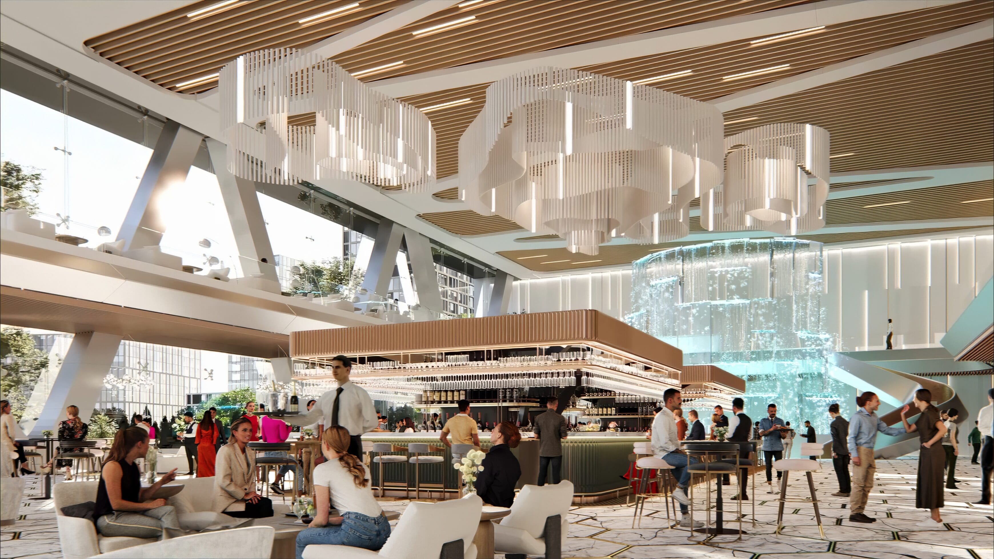 A group of people in an airport lounge area.