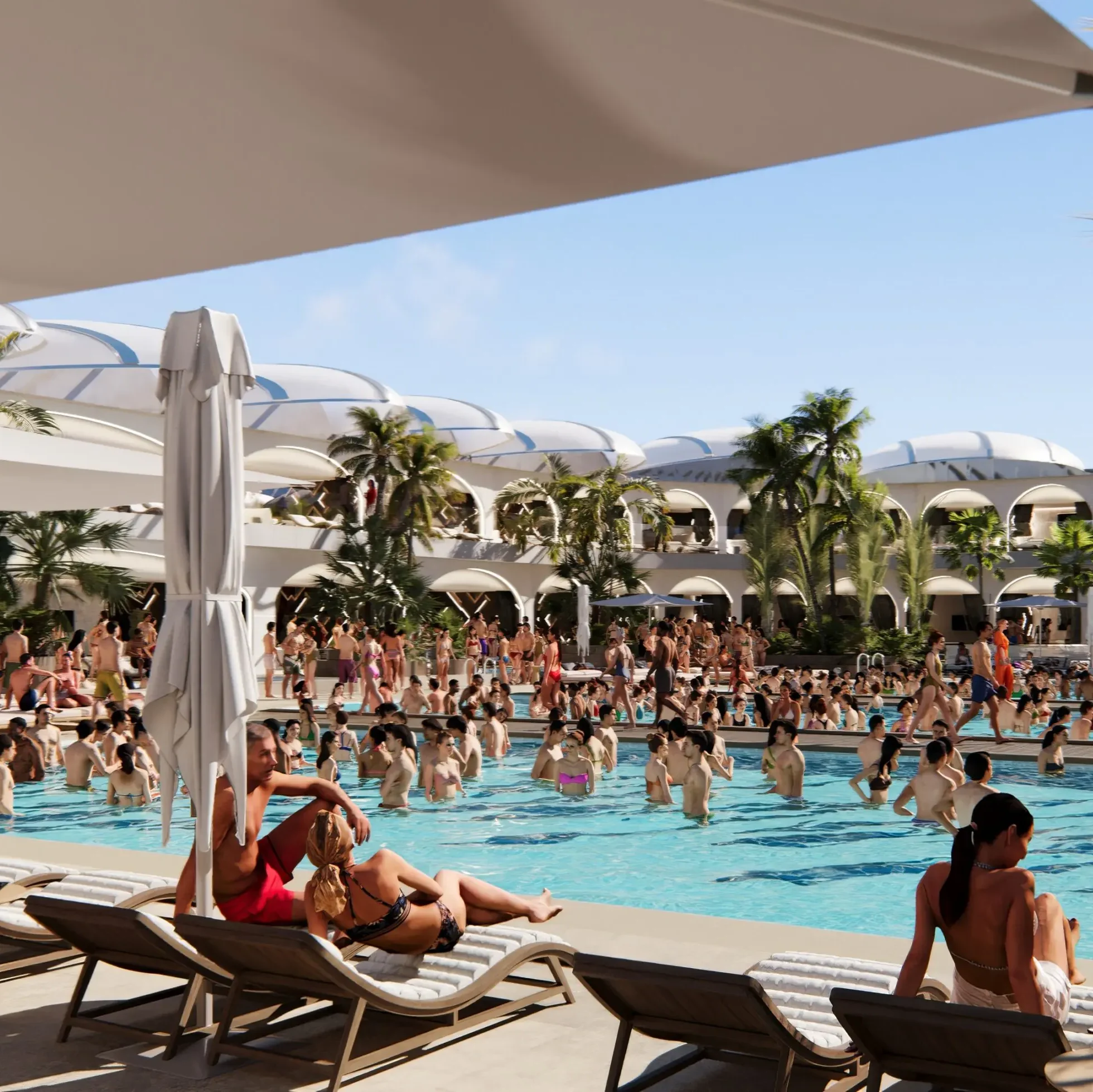 A pool filled with lots of people and sun loungers.