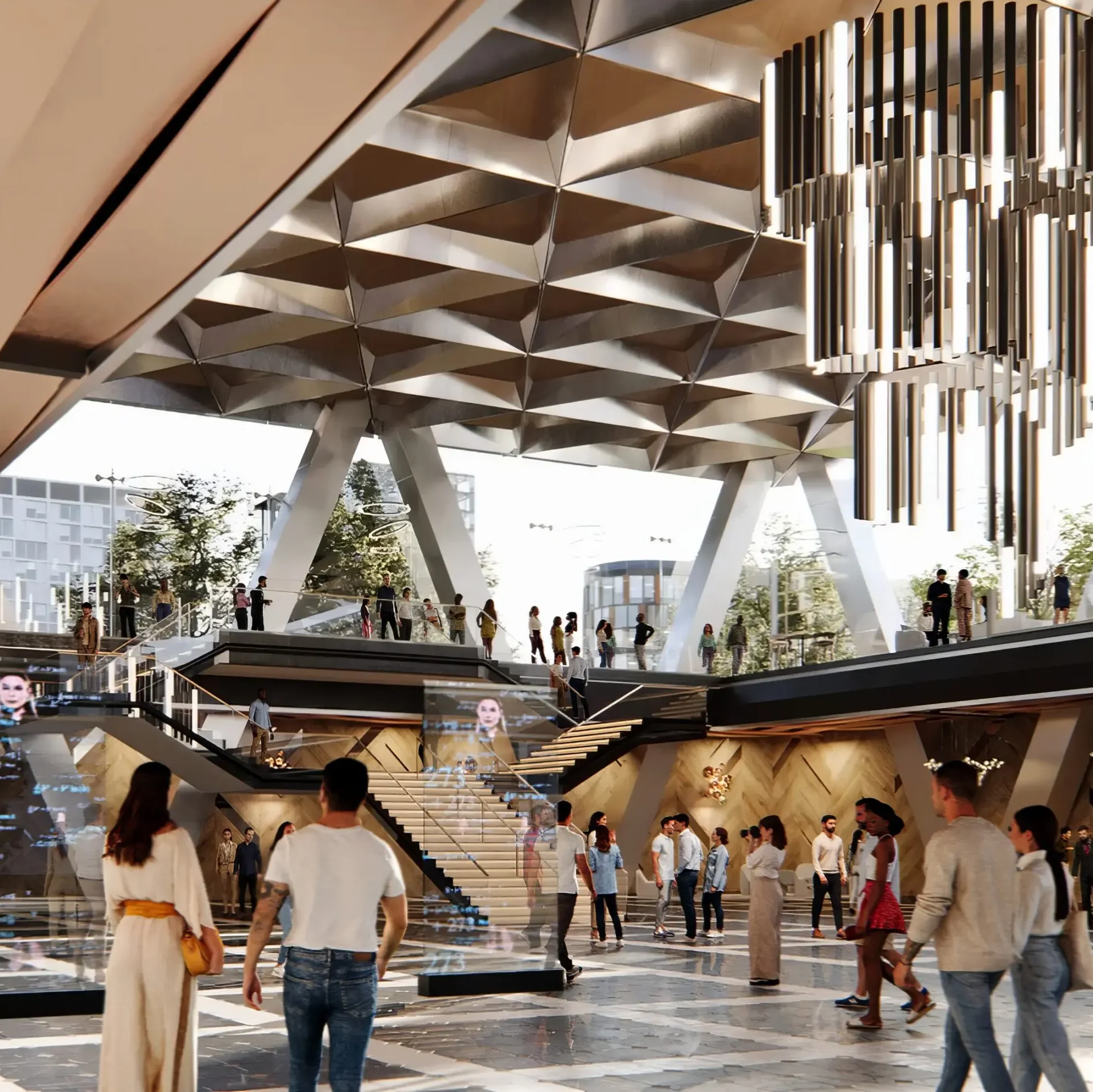 A crowd of people walking around in an indoor area.